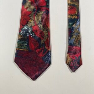 Italian Pure Silk Mens Necktie Red Gold‎ Floral Abstract Vintage Classic Tie